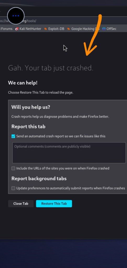 Firefox crash error - Gah. Your tab just crashed